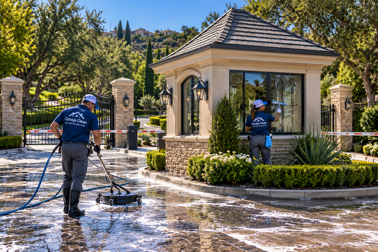 Conejo Clean technician pressure washing MarBrisa Resort exterior at dusk