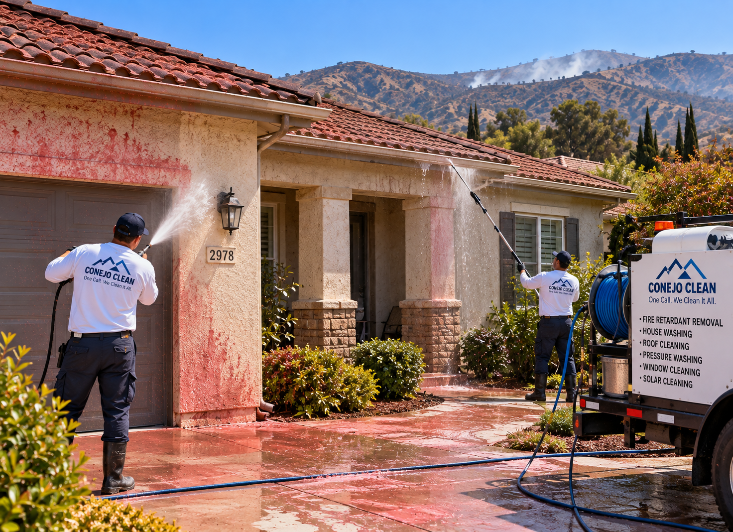 Two Conejo Clean technicians rinsing red fire retardant off a stucco home with smoke visible in the hills behind them