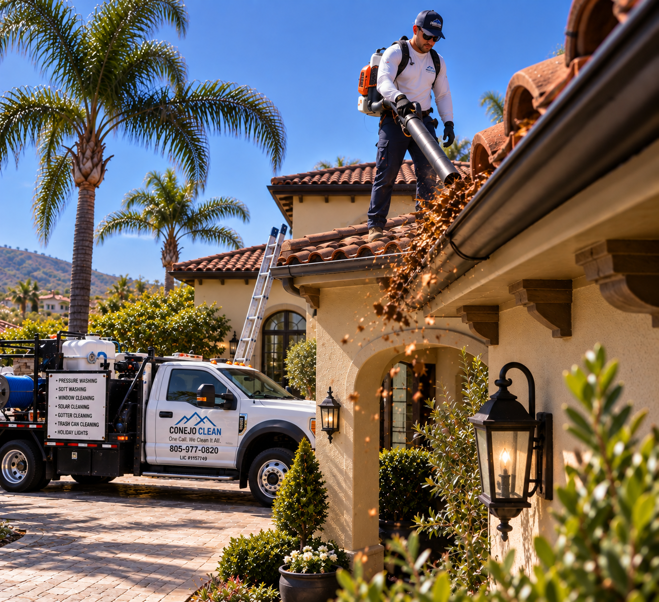 Conejo Clean technician clearing gutters on a Conejo Valley home with service truck in driveway