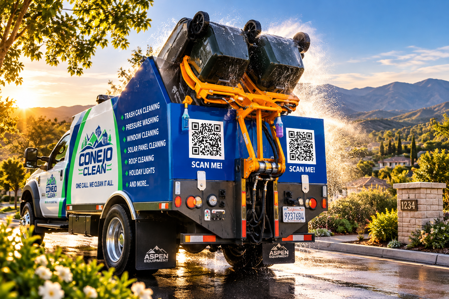 Conejo Clean technician sanitizing a residential trash can