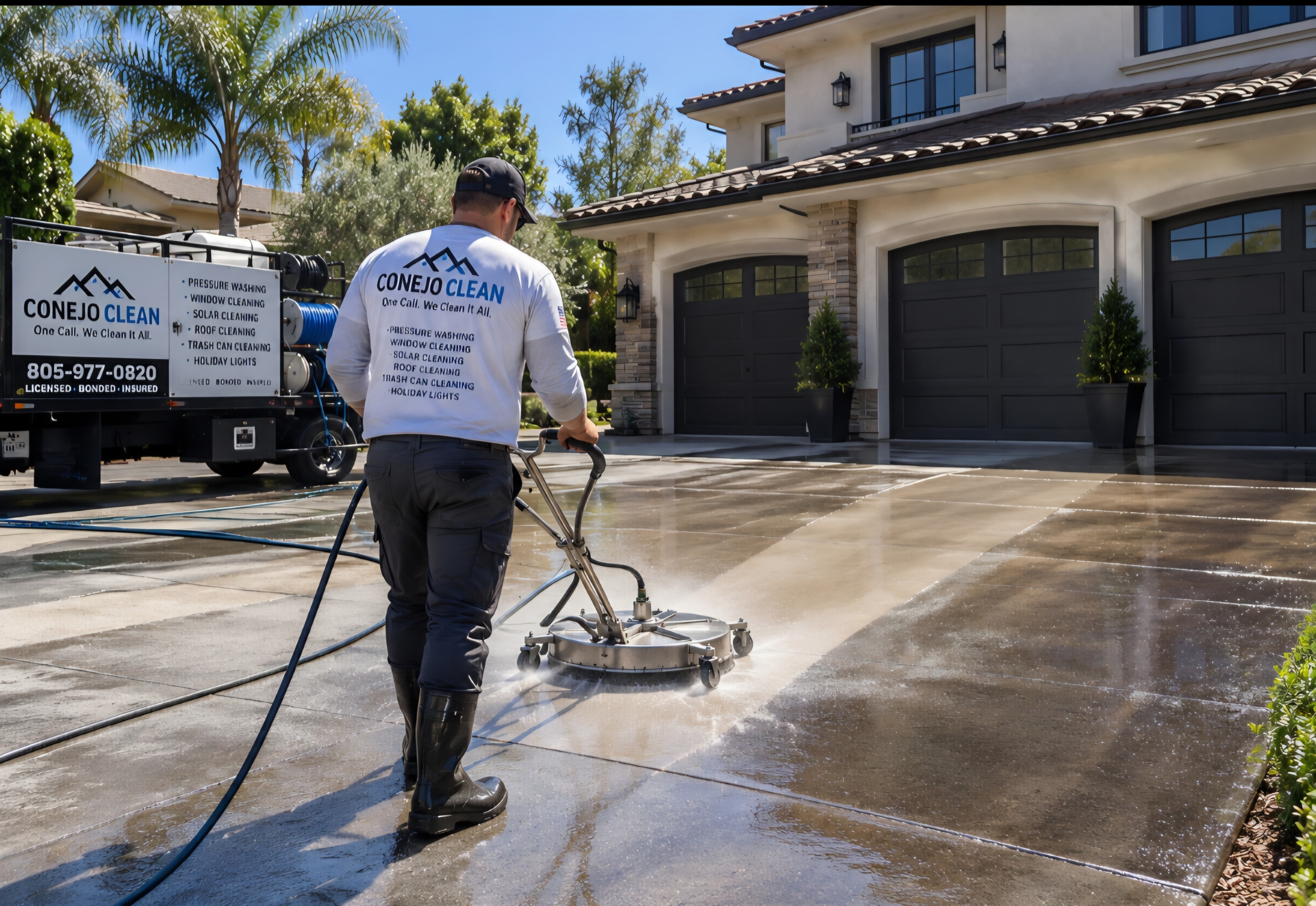 Conejo Clean technician pressure washing driveway at luxury home